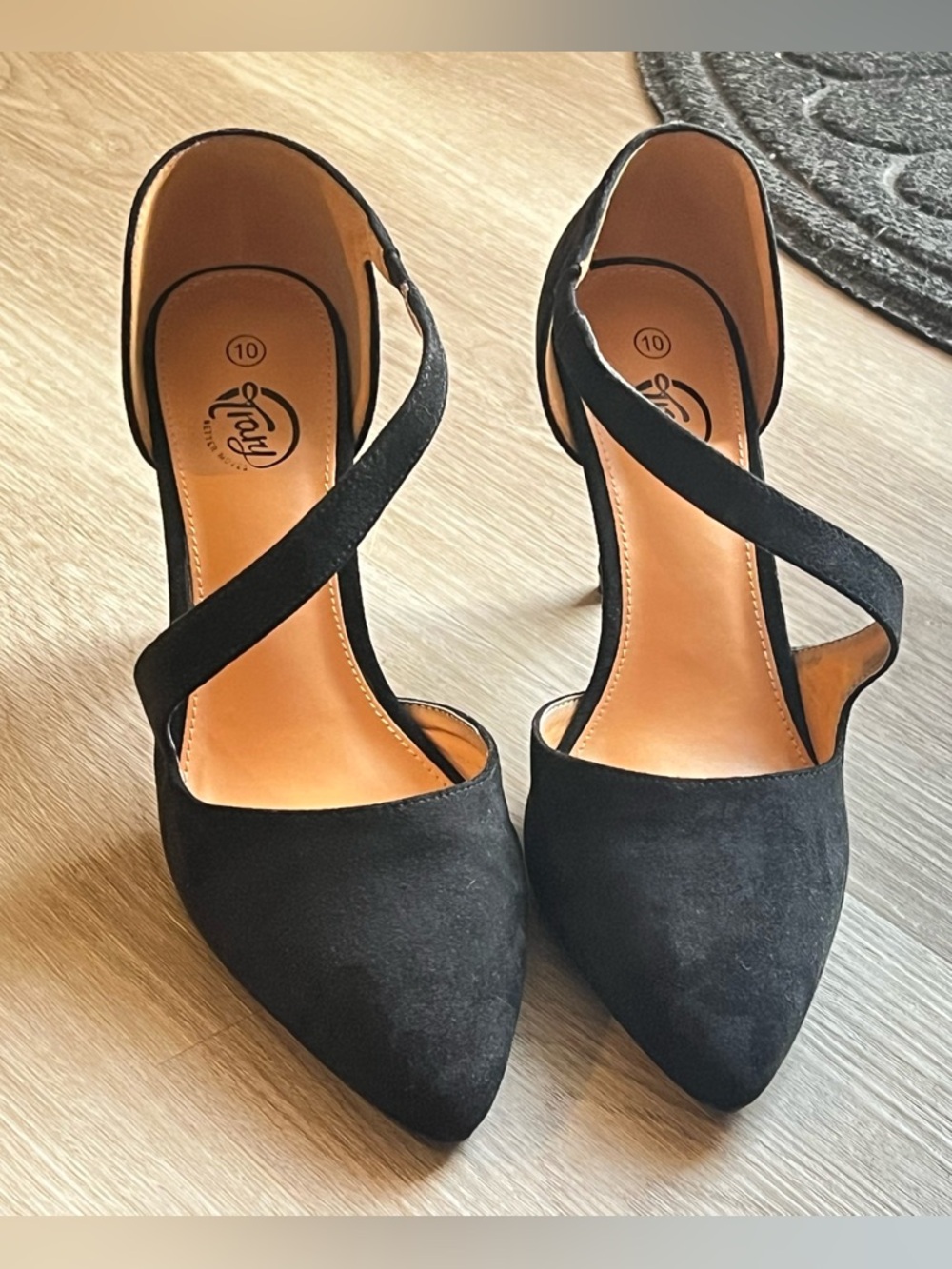 Farylrobin Black Suede Pointed Toe Cross-Strap Heels